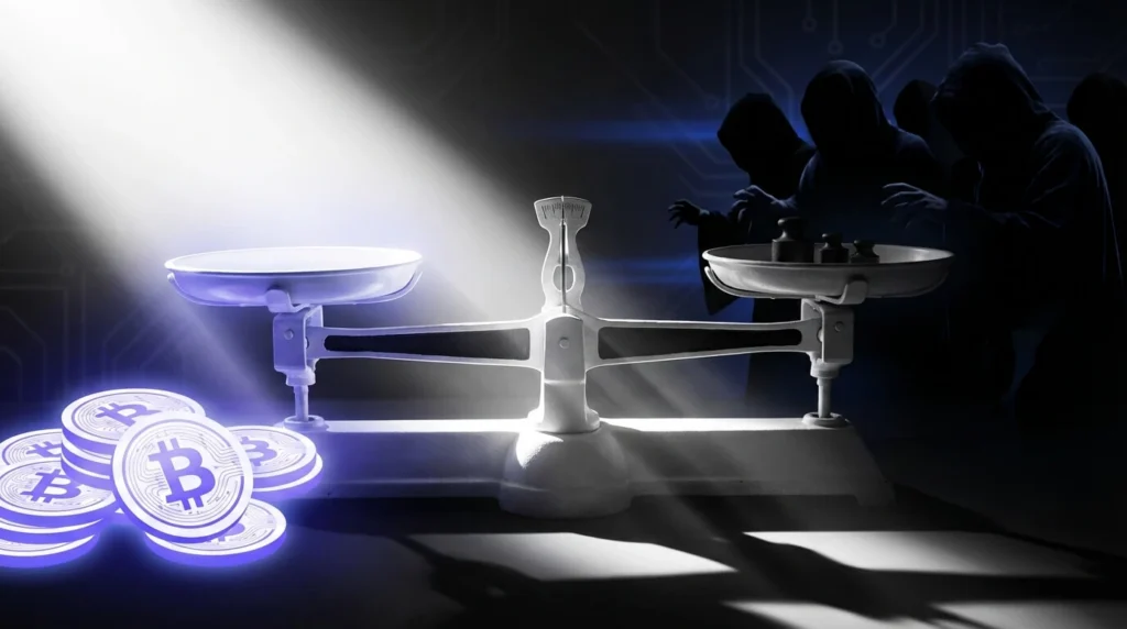 Balance scale weighing Bitcoin coins against hooded hackers, illustrating Bitcoin security risks and cybercrime threats