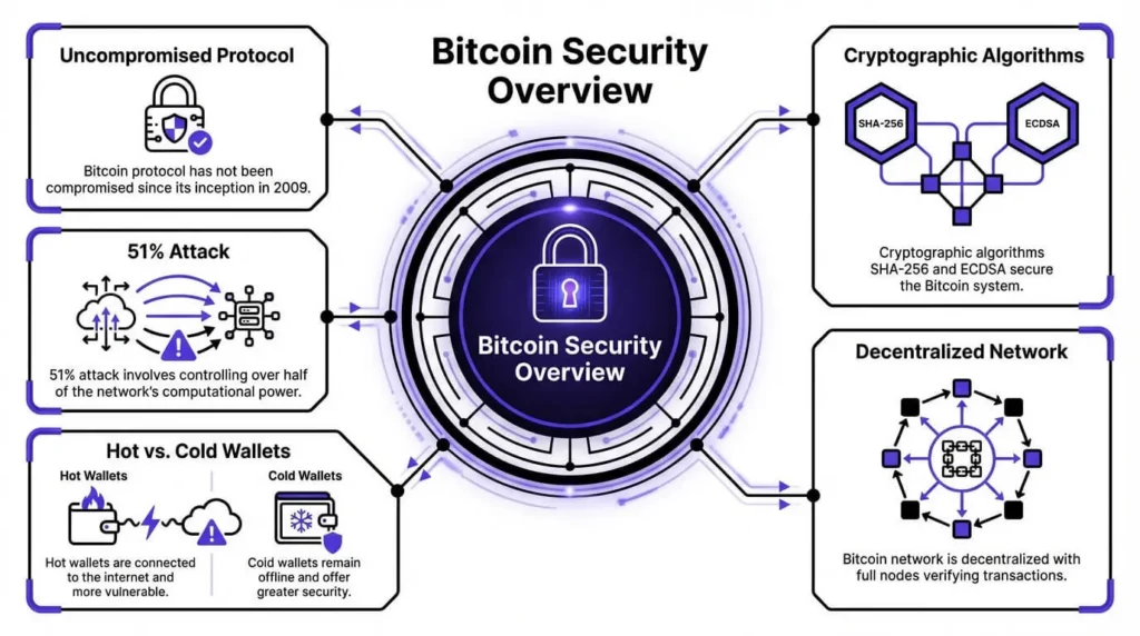 Bitcoin security overview infographic showing SHA-256, ECDSA, 51% attack risk, and hot vs cold wallets